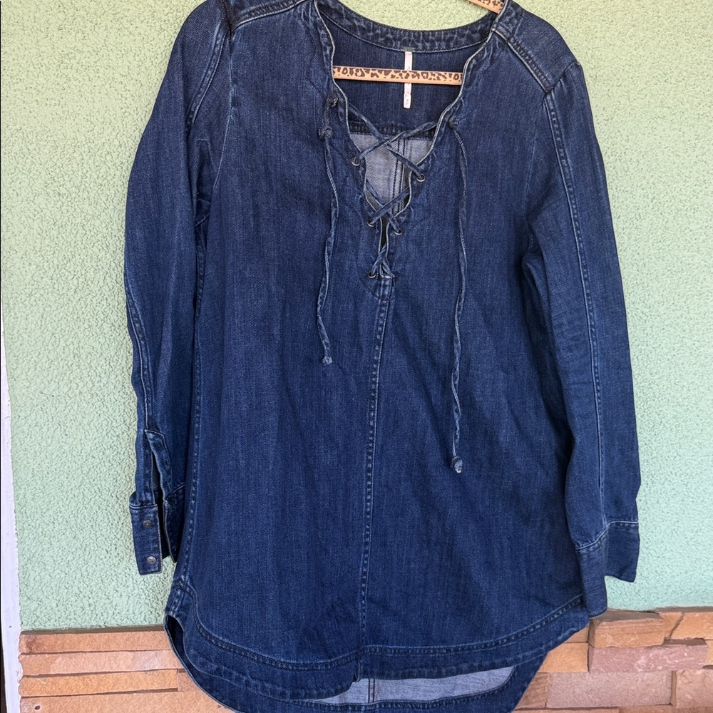 Free People Denim Lace-Up Tunic Top